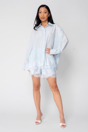 WOMEN - Mint Lace Long Sleeve Shirt and Short Pants Set