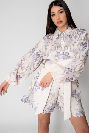 Sale Women - Set Long sleeve shirt and short pants Flower Off White/Blue