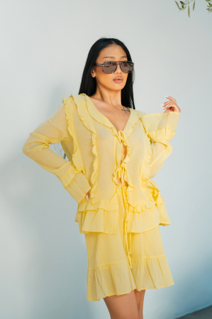 Sale Women - Long Sleeve Blouse and Short Skirt Set Yellow