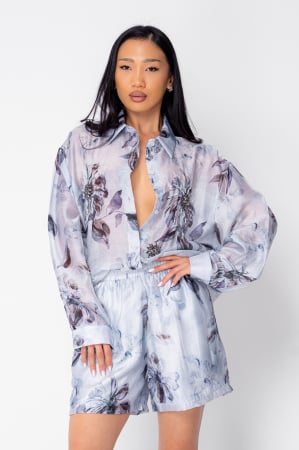 FEMEI - Set Camasa maneca lunga si pantalon scurt Blue/Grey