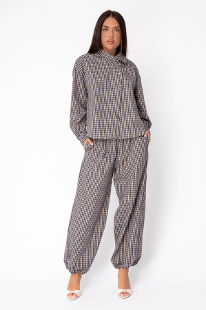 FEMEI - Set Camasa si Pantalon lung bufant in carouri Beige/Navy