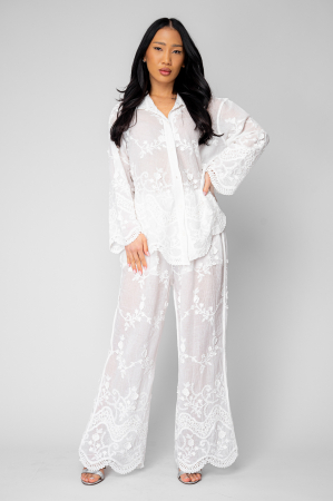 FEMEI - Set Camasa si Pantalon lung cu broderie White