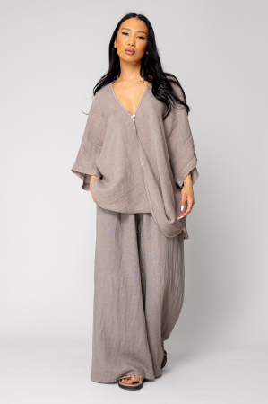 Set Bluza asimetrica si Pantalon lung din 100% in Taupe [0]
