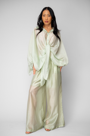 FEMEI - Set camasa si Pantalon lung din mix matase Light Olive