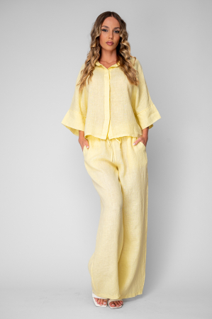 FEMEI - Set camasa si Pantalon lung din 100% in Light Yellow