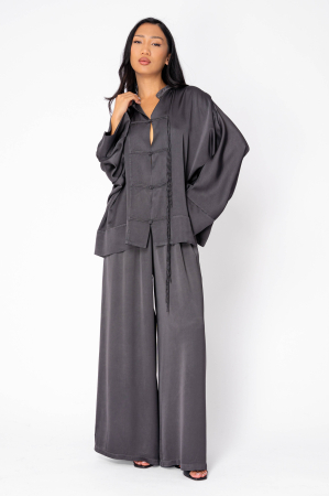 FEMEI - Set Camasa si Pantalon lung din mix de matase Grey Anthracite