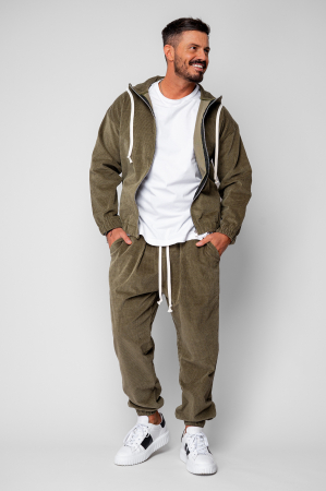 Set Hanorac cu fermoar si Pantalon Lung din reiat Corduroy Dark Olive [3]