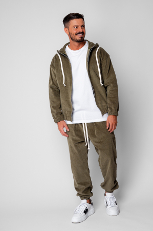 Treninguri - Set Hanorac cu fermoar si Pantalon Lung din reiat Corduroy Dark Olive