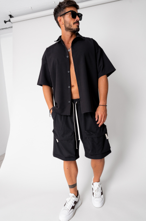 SALE - Set short sleeve shirt and cargo short pants Black