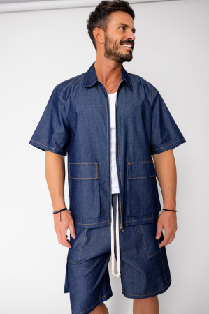 SALE - Dark Blue denim shirt and shorts set