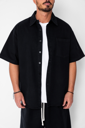 Set camasa si pantalon scurt din denim Oversized Black [4]