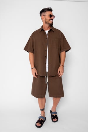 BARBATI - Set camasa si pantalon scurt din denim Oversized Brown