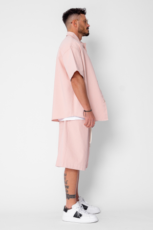Set camasa si pantalon scurt din denim Oversized Light Pink [2]