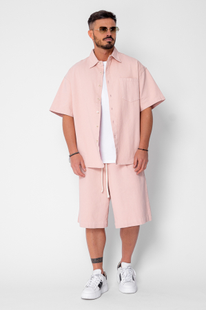 Set camasa si pantalon scurt din denim Oversized Light Pink [1]