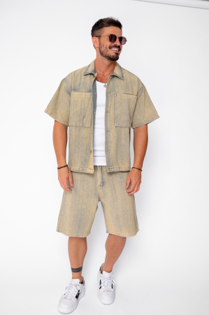MEN - Set denim shirt and shorts pre-wash Beige