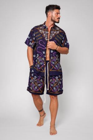SALE - Set linen Shirt and shorts Navy/Mauve
