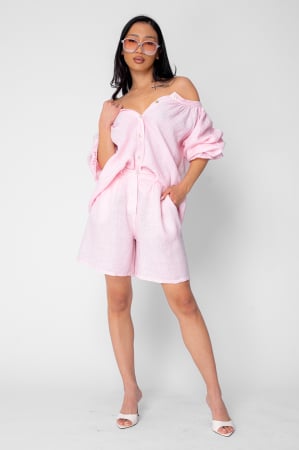 WOMEN - 100% Cotton Shirt and Shorts Set in Rose