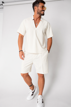 Seturi de Vara - Set Como bluza V-cut si pantaloni scurti Off White