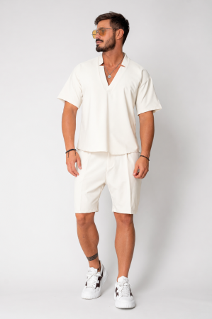 Set Como bluza V-cut si pantaloni scurti Off White [3]
