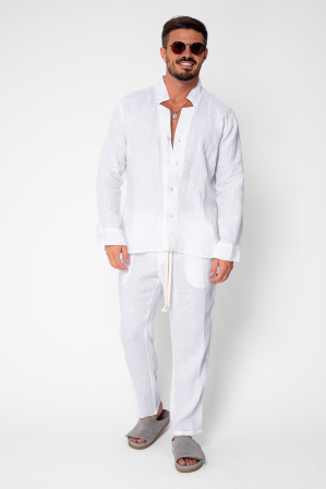 MEN - Set Como from 100% Linen V-cut shirt and long pants Premium White