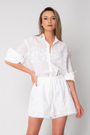 FEMEI - Set dama cu broderie - camasa cu maneca 3/4 si pantalon scurt White