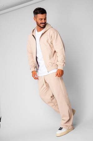 BARBATI - Set hanorac cu fermoar si pantalon drept din 100% Bumbac Beige