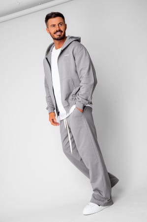 BARBATI - Set hanorac cu fermoar si pantalon drept din 100% Bumbac Grey