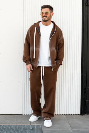 BARBATI - Set hanorac cu fermoar si pantalon lung Brown Prespalat