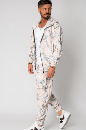 SALE - Set Hoodie with zipper and long cargo pants made of flower Cream fabric