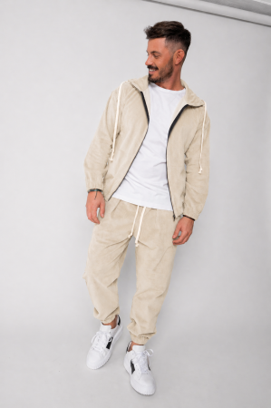 BARBATI - Set Hanorac cu fermoar si Pantalon Lung din reiat Corduroy Light Beige