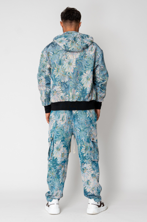 Blue Flower Hoodie and Long Cargo Pants Set [4]