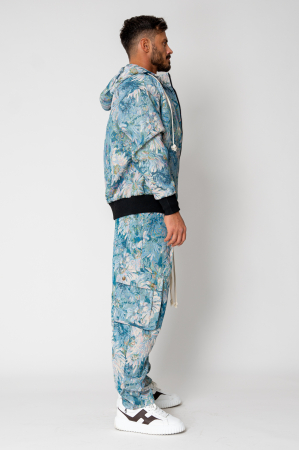 Blue Flower Hoodie and Long Cargo Pants Set [3]