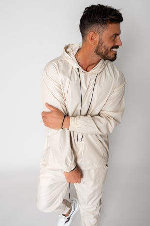 PROMOTII - Set Windbreaker hanorc si pantalon lung din fas Cream