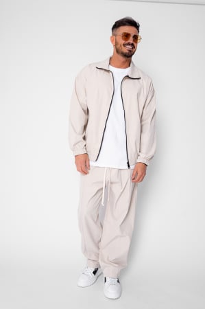 BARBATI - Set Heavy Windbreaker Jacheta cu fermoar si pantalon lung din fas Beige