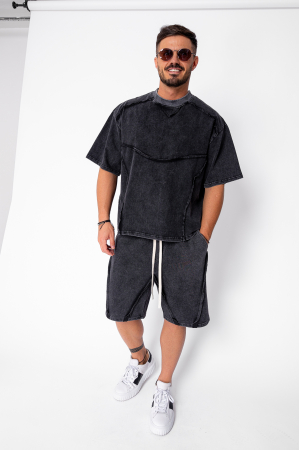 NOUTATI - Set tricou si pantalon scurt cu cusaturi exterioare Black Prespalat