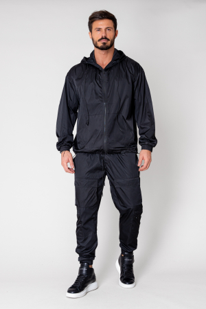 PROMOTII - Set Windbreaker Jacheta cu fermoar si pantalon lung din fas Black