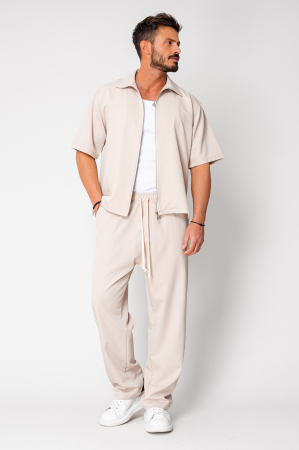 SALE - Set Short sleeve jacket with zipper and long pants Beige