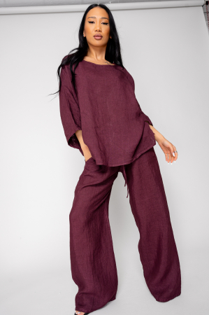 Set Kalie Blouse and long Pants100%  Linen Burgundy [0]