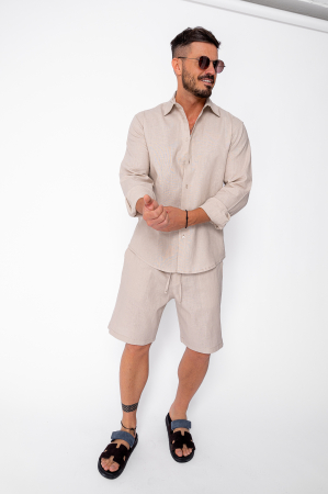 Seturi de Vara - Set Lino 100% In camasa si pantalon scurt Premium Edition Beige