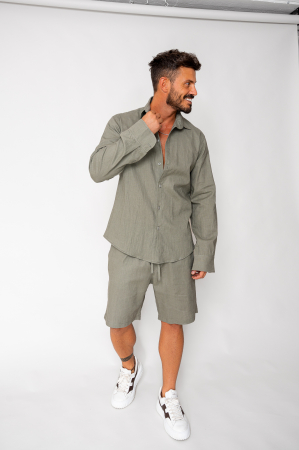 SALE - Set Lino from 100% Linen shirt and short pants Dark Olive