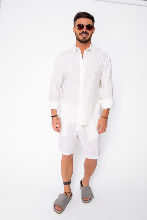 Seturi de Vara - Set Lino 100% In camasa si pantalon scurt Premium Edition Off White