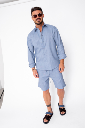 Seturi de Vara - Set Lino 100% In camasa si pantalon scurt Premium Edition Storm Blue