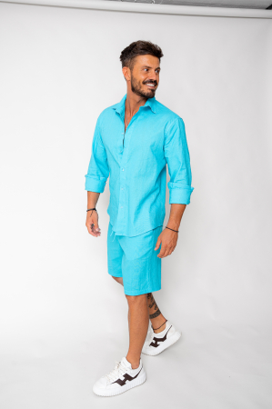 SALE - Set Lino from 100% Linen shirt and short pants Turquoise