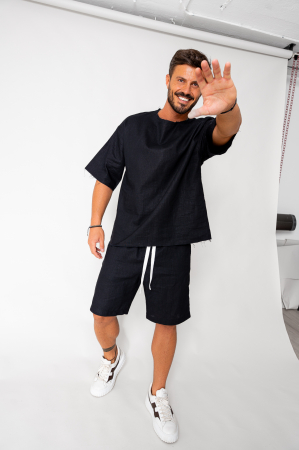 SALE - Set Lino 100% Linen t-shirt and short pants Black