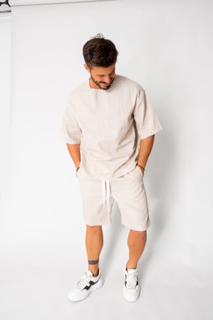 SALE - Set Lino 100% Linen t-shirt and short pants Light Beige