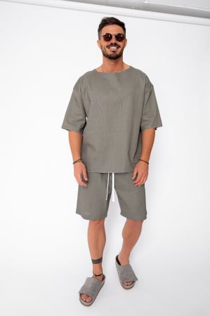 PROMOTII - Set Lino 100% In Tricou si pantalon scurt Dark Olive Premium Edition New