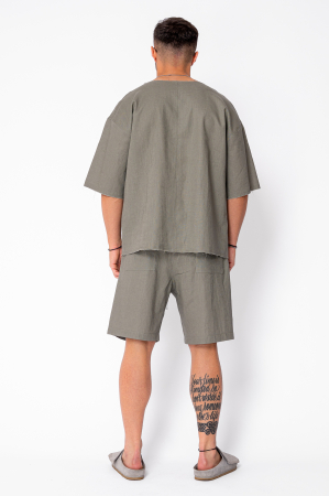 Set Lino 100% Linen t-shirt and short pants Dark Olive Premium Edition New [3]