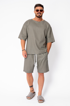 Set Lino 100% Linen t-shirt and short pants Dark Olive Premium Edition New [1]