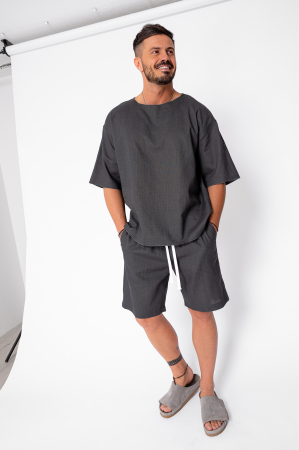 PROMOTII - Set Lino 100% In Tricou si pantalon scurt Grey Anthracite Premium Edition New