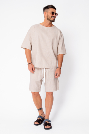 Set Lino 100% In Tricou si pantalon scurt Light Beige Premium Edition New [1]
